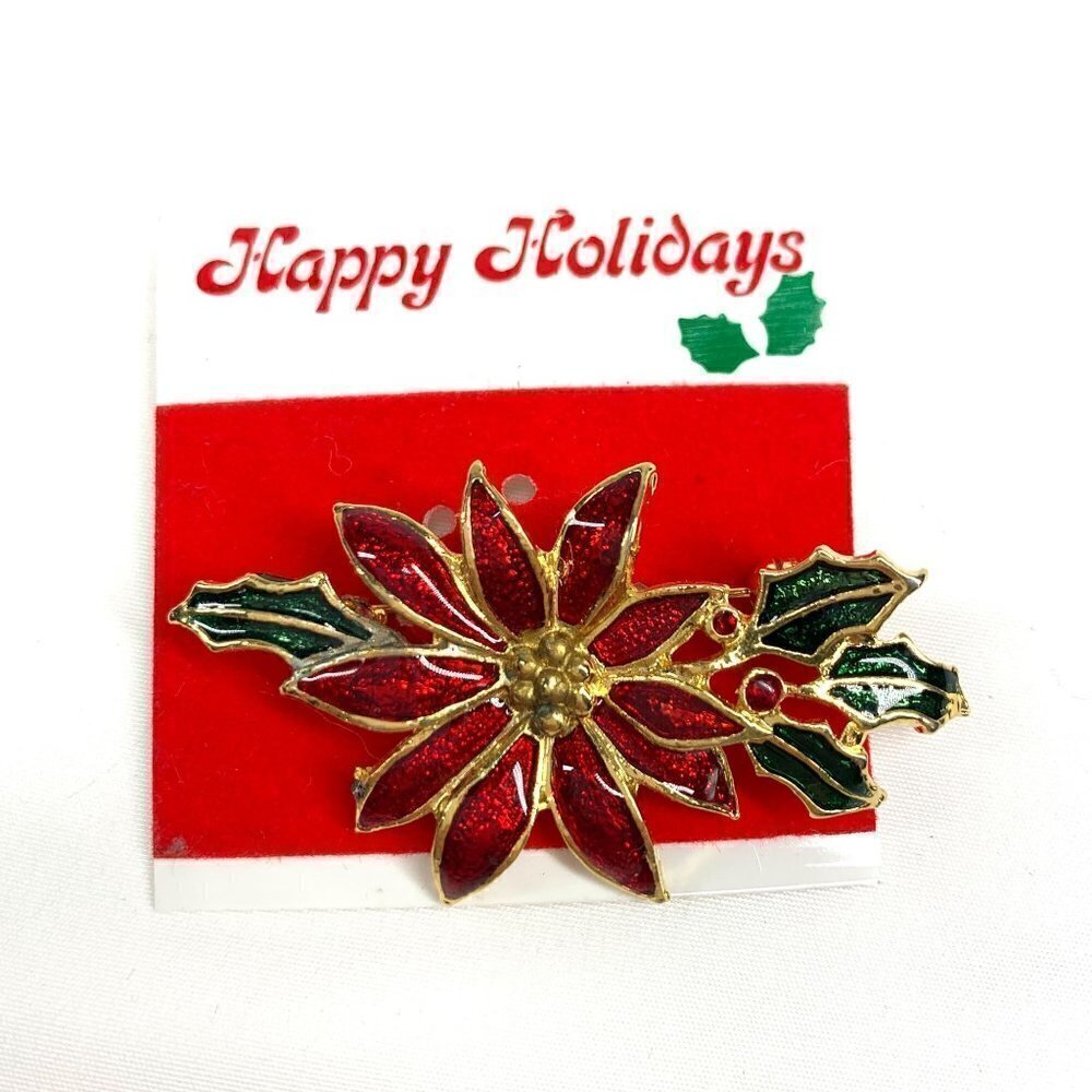 Holiday Poinsettia Pin Red, Green, Gold Enamel & Metal 2" NWOT